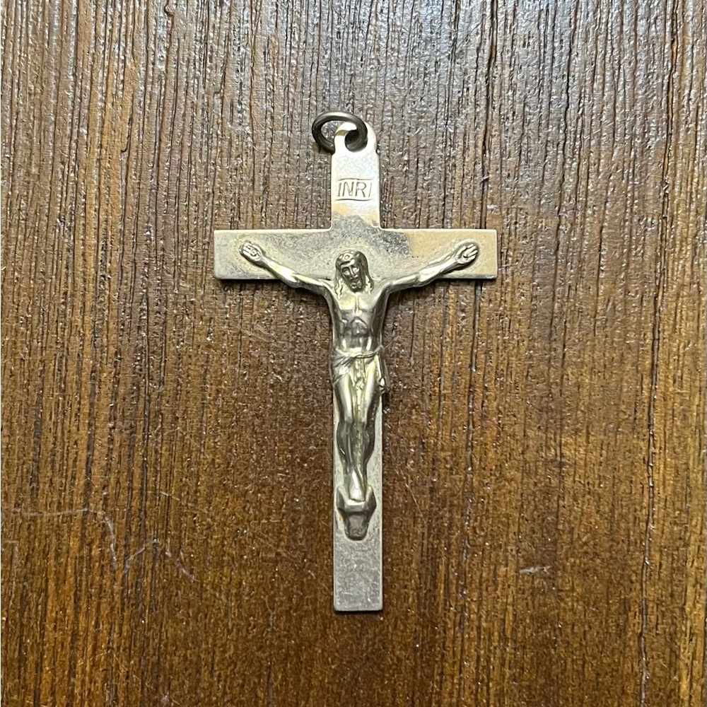 Vintage INRI Crucifix Cross Pendant Necklace“I Am Catholic In Case Of Accident”